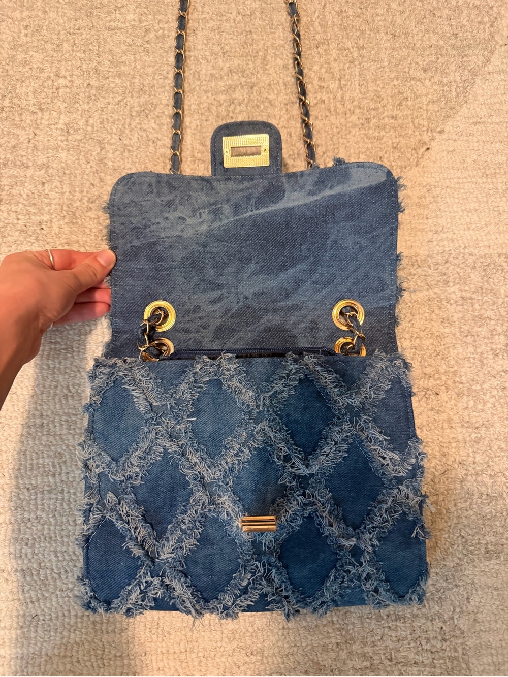 Denim Quilted Chain Shoulder Bag in Blue - Picture 3 of 4